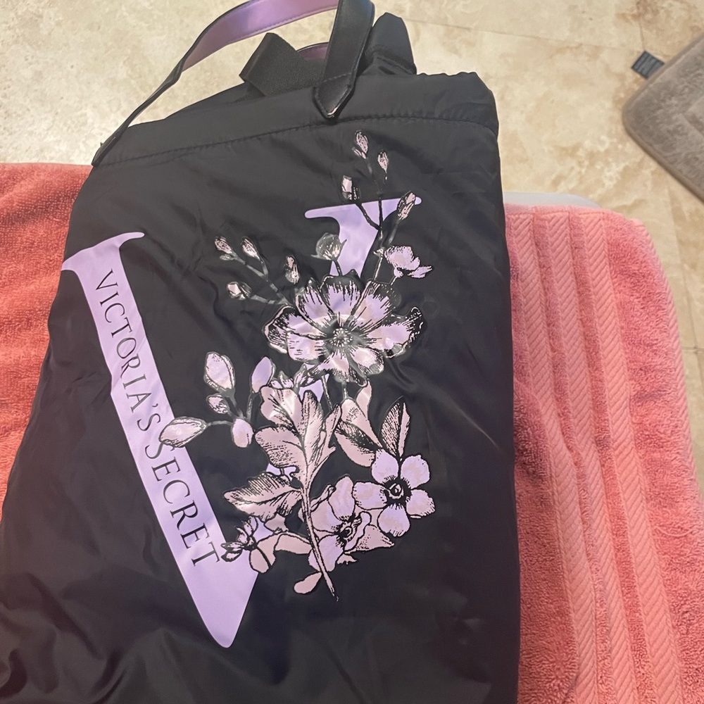 Victoria Secret black nylon with purple V floral logo weekender tote bag